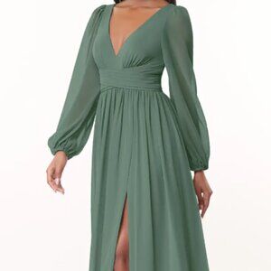 Azazie Norah Eucalyptus A-Line V-Neck Long Sleeve Chiffon Bridesmaid Dress